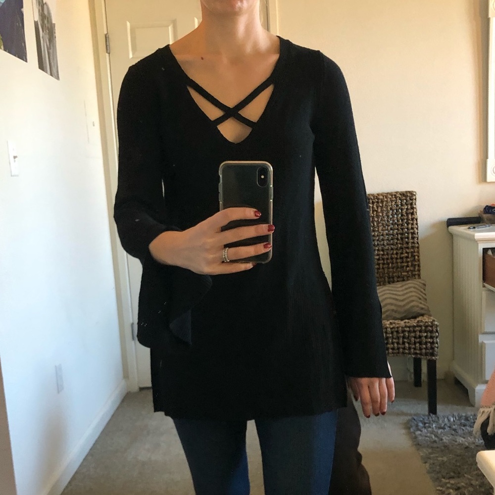 Free People Crisscross Tunic Sweater || Black